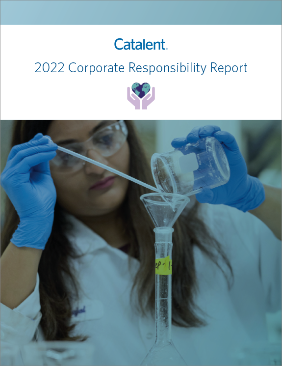 Cover of the 2022 Corporate Reponsibility Report featuring a scientist pouring a liquid into a beaker.
