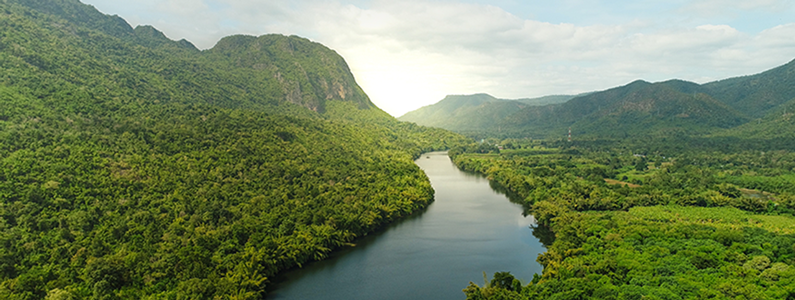 A river carving through a lush valley.