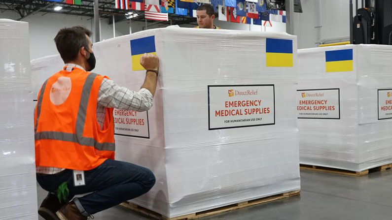 Direct Relief employee preparing a Ukrained aid shipment.