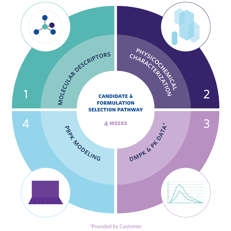 Candidate & Formulation Selection Pathway in 4 Weeks consists of 1. Molecular Descriptors, 2. Physicochemical Characterization, 3. DMPK & PK Data and 4. PBPK Modeling