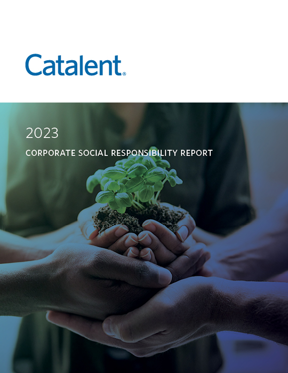 Cover of the 2023 Corporate Responsibility Report featuring an Image of three people holding a green plant together in their cupped hands