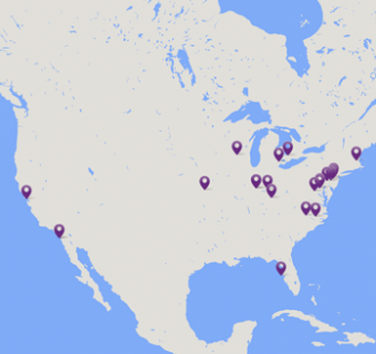 Map of North America with map pins on facility locations