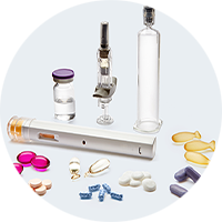 Image of various medical delivery methods such as soft gels, tablets, a liquid vial, and injectables.
