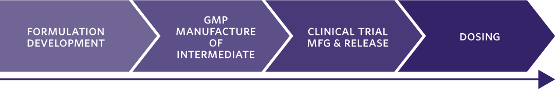 Timeline: Development Formulation, GMP Manufacture of Intermediate, Investigational New Drug Application, Clinical Trial Manufacturing and Release, and Dosing.