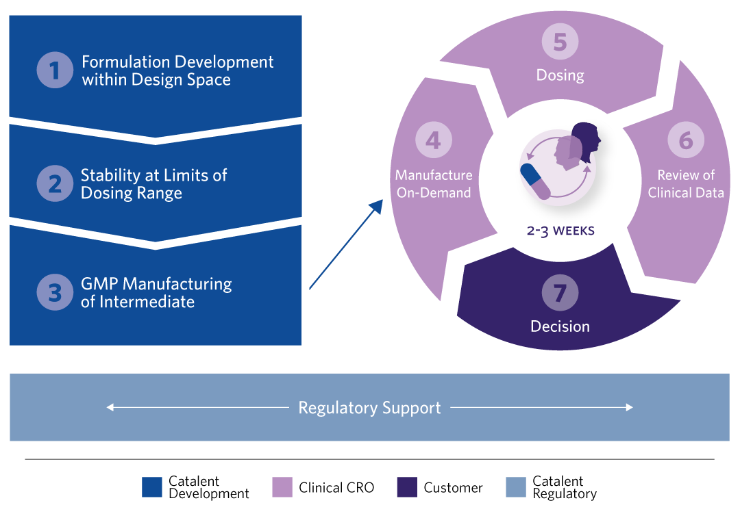 Visual Depiction of Xpress Pharmaceutics Process: 1. Formulation Development within Design Space, Stability at Limits of Dosing Range, GMP Manufacture of Intermediate, Manufacturing On Demand, Dosing, Review of Clinical Data, Decision, and Regulatory Support